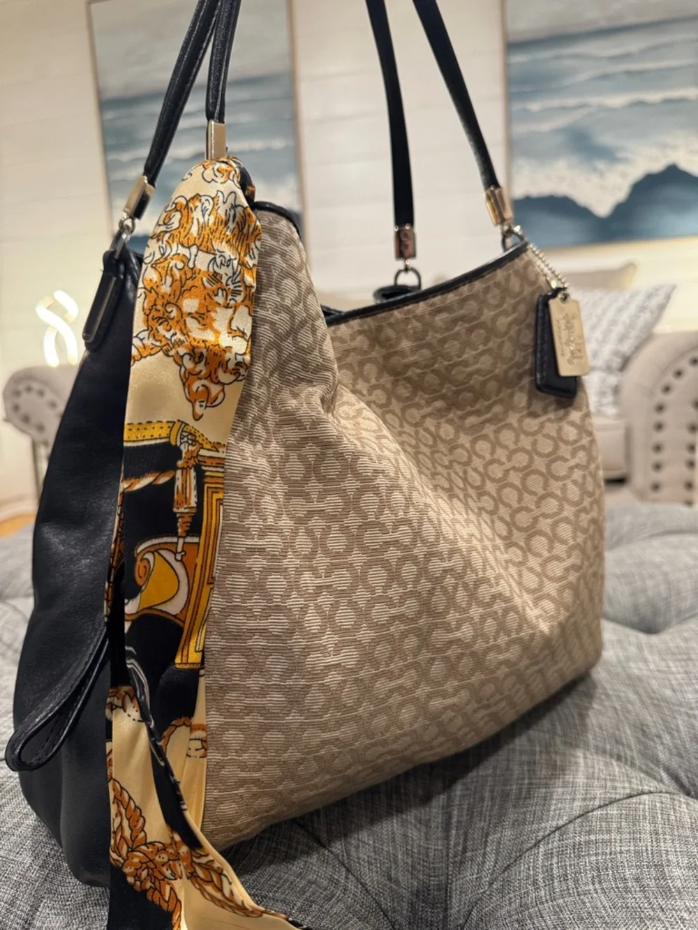 Coach Madison Signature Canvas Leather Black Tan Shoulder Bag - Picture 3 of 17